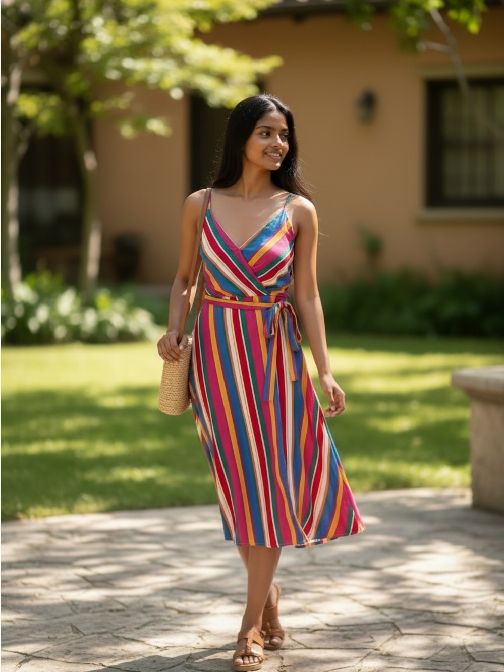 Francesca’s Women’s Multicolor Stripe Midi Dress with Belt